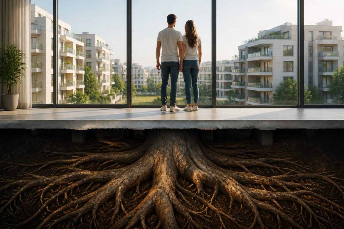 צילום קומפוזיט ריאליסטי באיכות גבוהה: זוג ישראלי צעיר עומד בדירה חדשה ומוארת, מחזיק מפתחות ומביט דרך חלון גדול אל בנייני מגורים מודרניים; מתחת לרצפת הדירה נראים בעדינות שורשיו העמוקים של עץ ארז עצום התומכים ביסודות הבניין, אור בוקר טבעי, עומק שדה קולנועי, ללא טקסט.