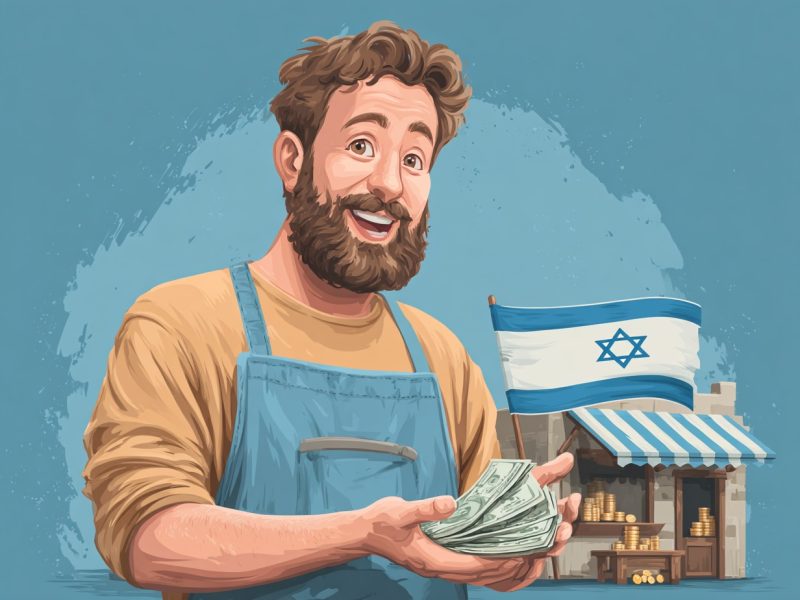 A clean, vibrant 2D digital illustration showing a symbolic Israeli business owner (simple human figure wearing an apron next to a small storefront or stall) receiving money from an open hand bills and coins. Background in bright blue and white colors, symbolizing the Israeli flag. The composition is optimistic and colorful with clear lines and no text, no logos, no realistic faces. --chaos 25 --ar 4:3 --stylize 350 --v 7 Job ID: c3feb451-de47-43b9-9745-a8b5e4b4d220