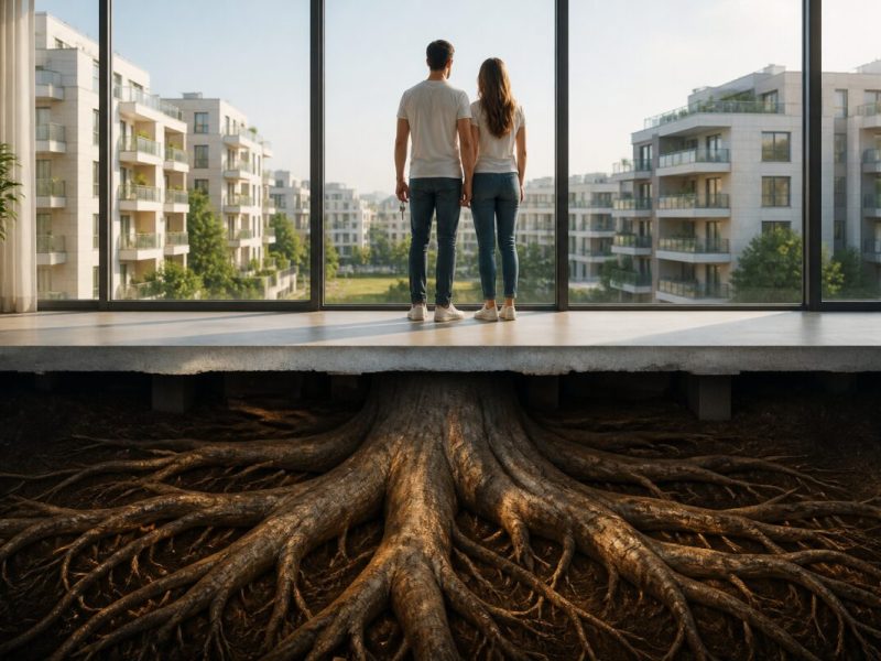 צילום קומפוזיט ריאליסטי באיכות גבוהה: זוג ישראלי צעיר עומד בדירה חדשה ומוארת, מחזיק מפתחות ומביט דרך חלון גדול אל בנייני מגורים מודרניים; מתחת לרצפת הדירה נראים בעדינות שורשיו העמוקים של עץ ארז עצום התומכים ביסודות הבניין, אור בוקר טבעי, עומק שדה קולנועי, ללא טקסט.